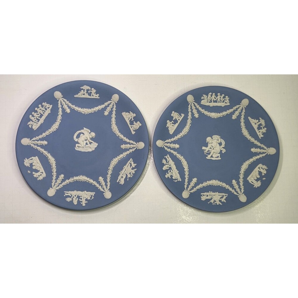 Pair Of Wedgwood Jasperware Plates Cream On Lavender Blue 9" Cherub Cupid Relief